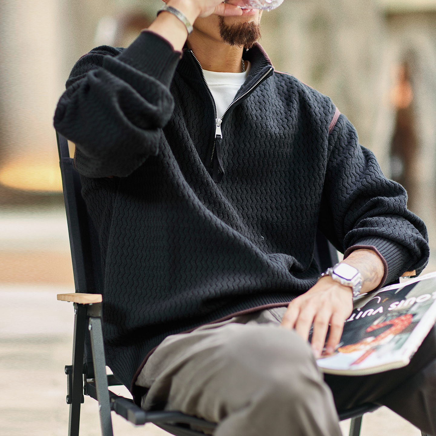 2025 New Men's Loose Casual Stand up Collar Half Zipper Color blocked Knitted Polo shirt