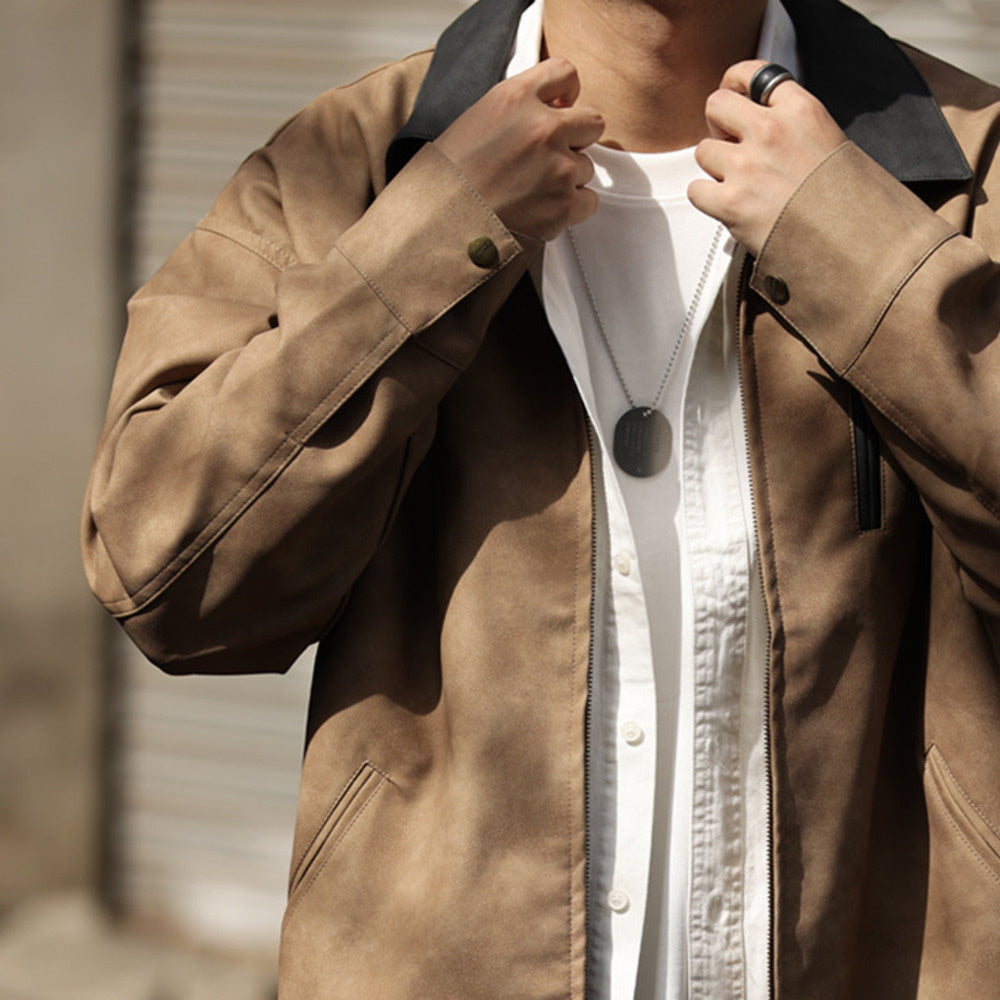 PU Pickup Hart Jacket Men's Texture Pique Handsome Corridor Style Contrast Collar Motorcycle Coat