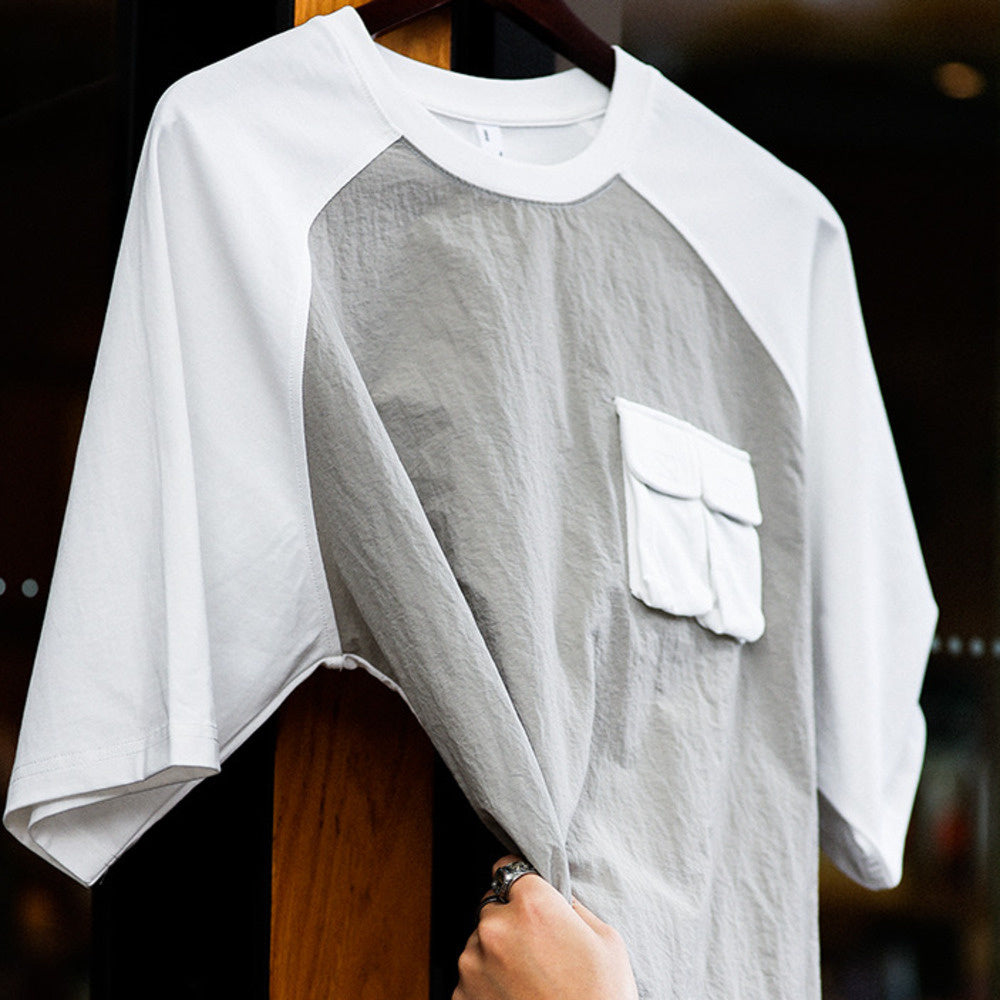 American retro sports men's loose outdoor casual patchwork pocket short sleeved T-shirt