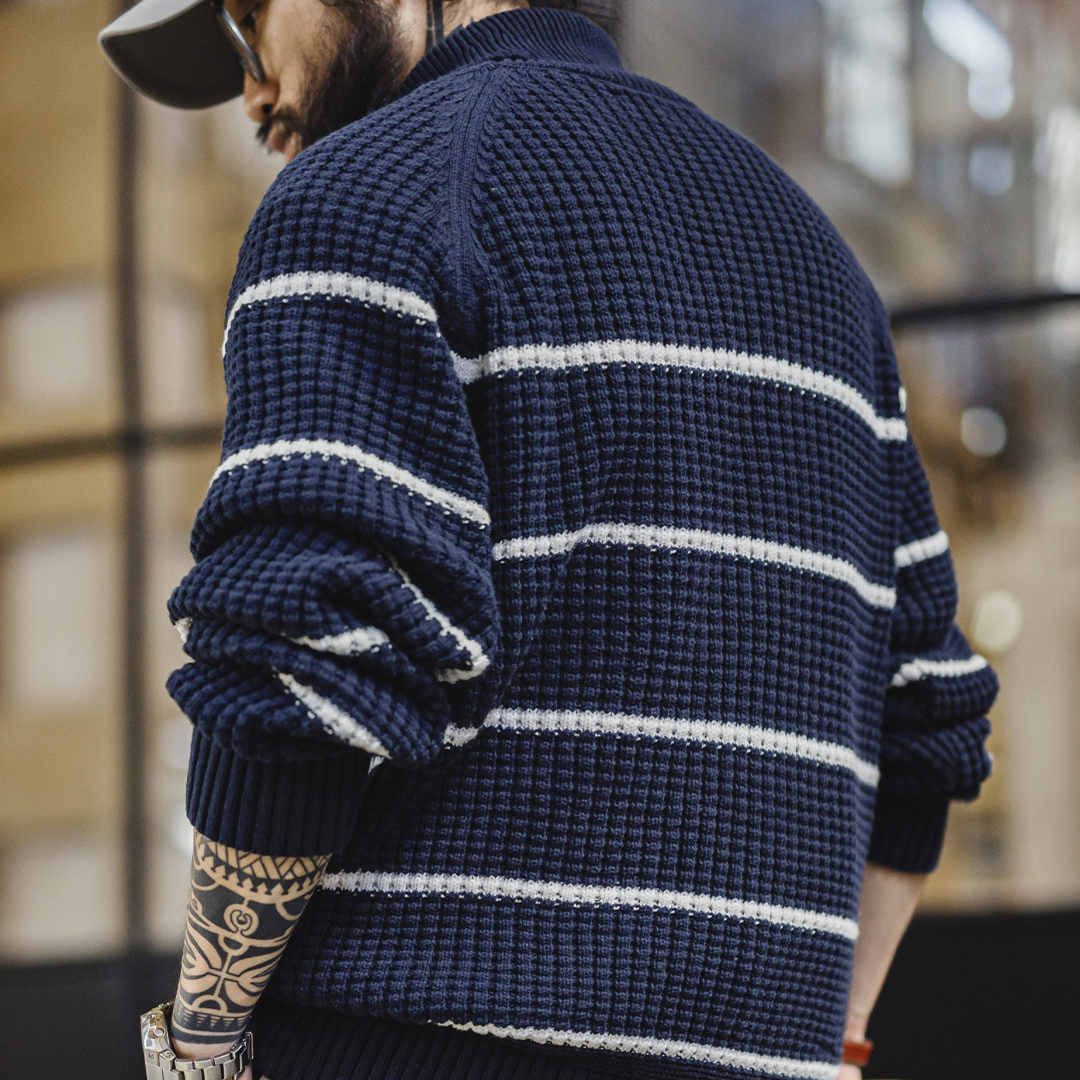 American Retro Striped Raglan Sleeve High Neck Knitted Pineapple Pattern Sweater