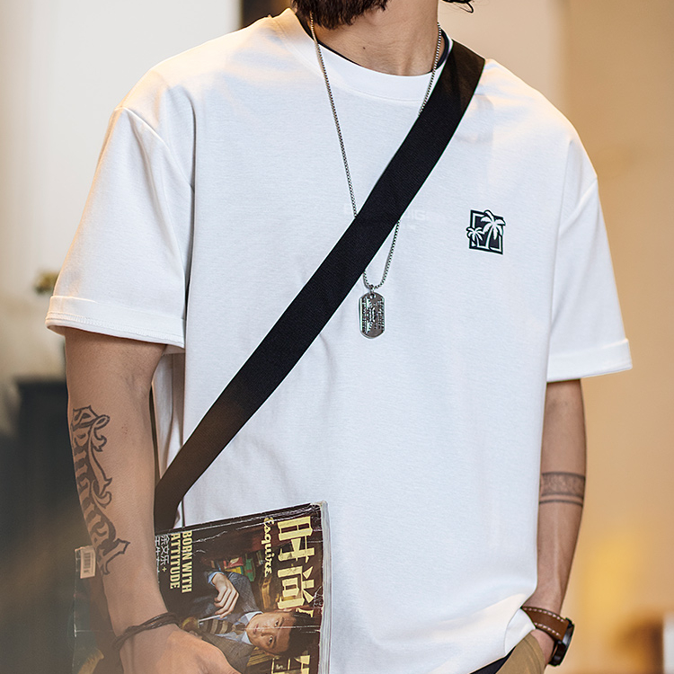 Summer new American casual texture printed round neck short sleeved shirt