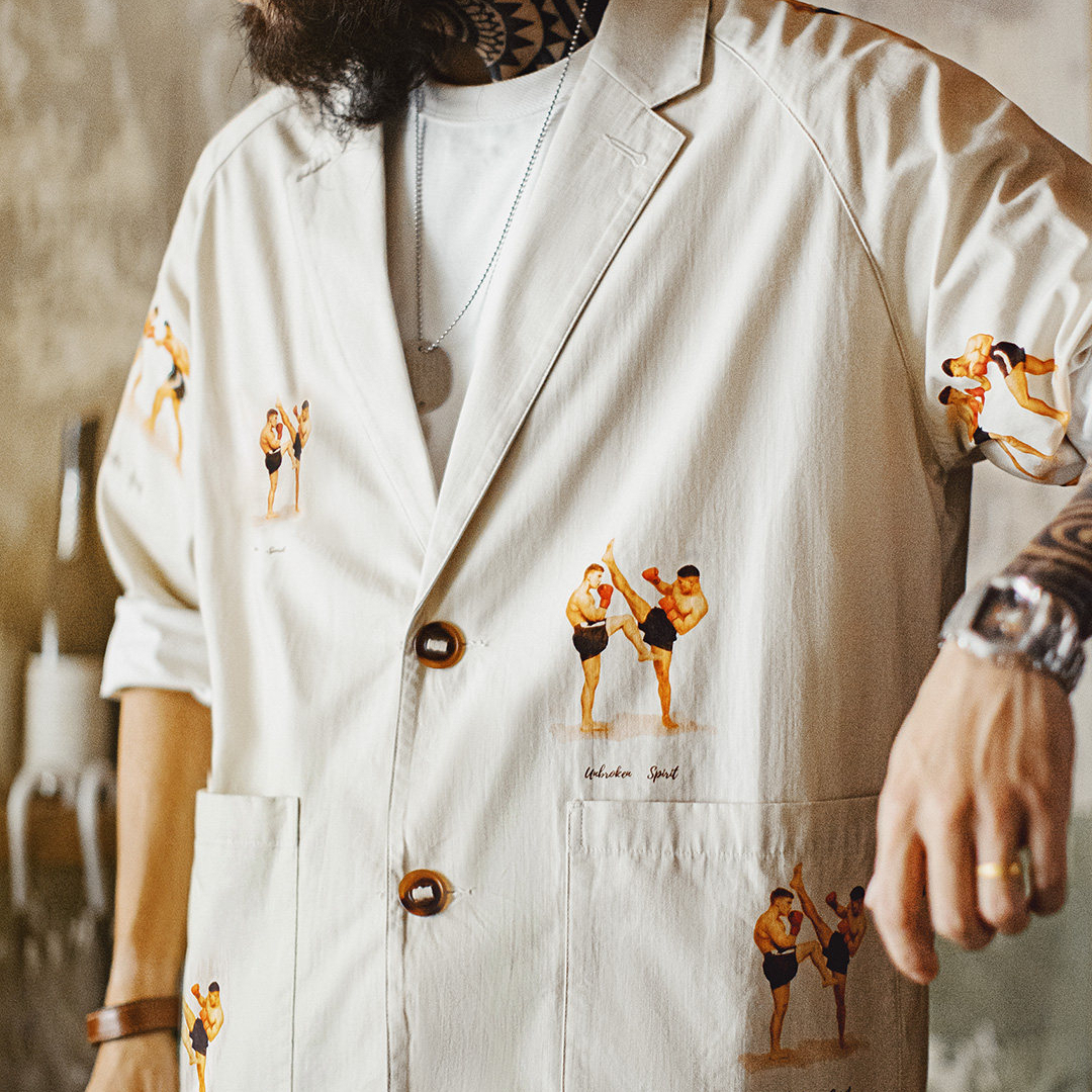 American Casual Flat Collar White Printed Pure Cotton Long Sleeved Shirt