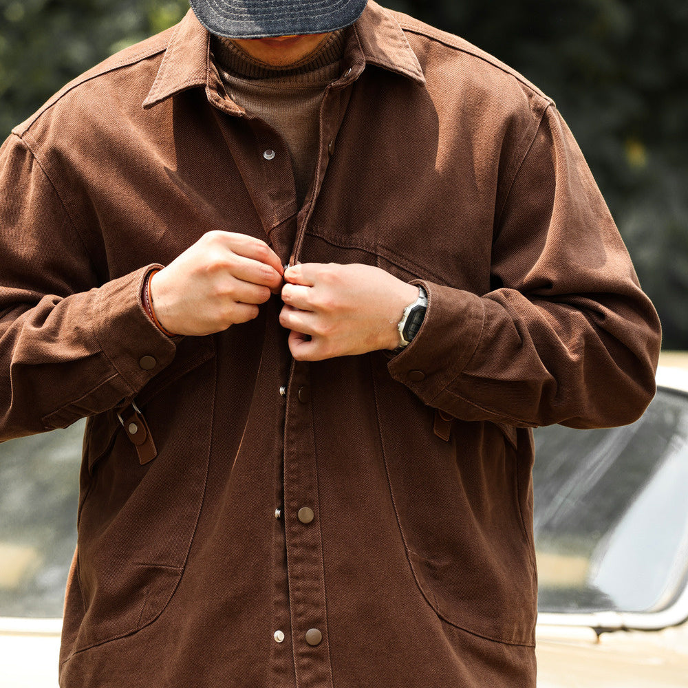 BGYO Gray series Ankela red shirt jacket men's loose Paris button slanted pocket workwear shirt autumn