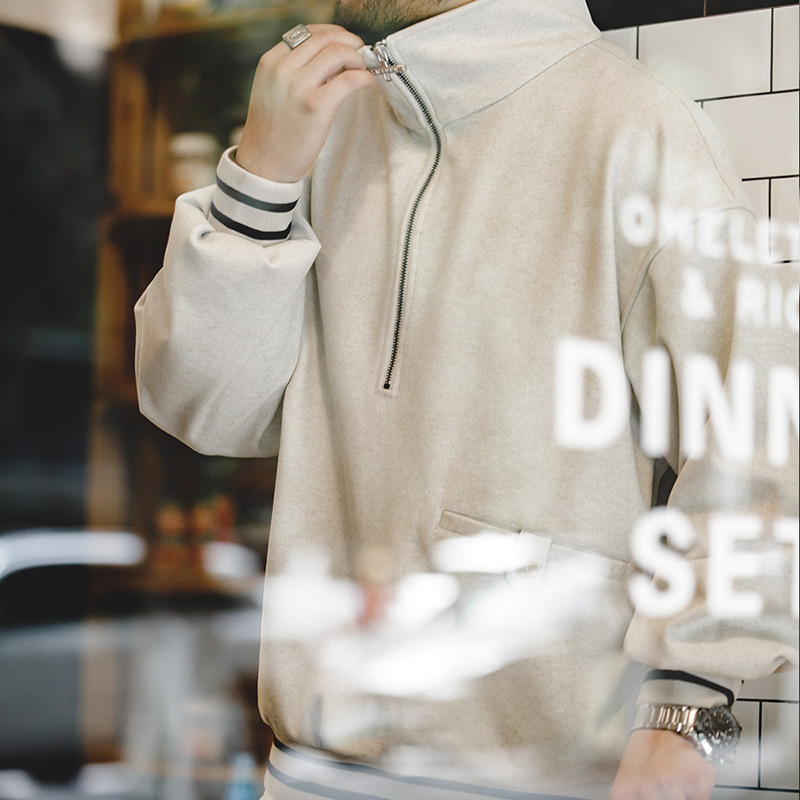 Magi Retro Ivy College Half Zipper Heavy Lapel Loose Pullover Top