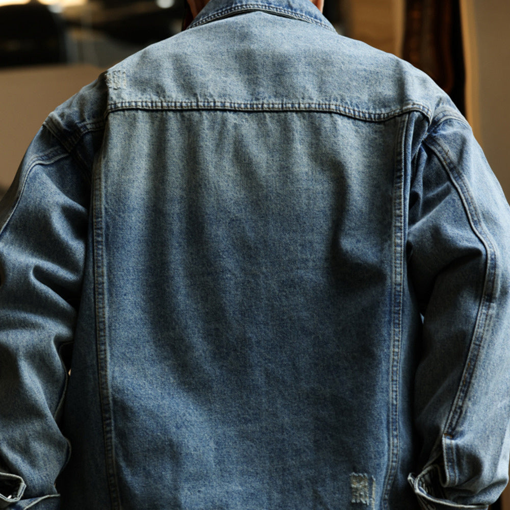 Heavy Industry Stone Grinding Water Washed Cowboy Jacket Men's Micro Wide Short Flip Collar Casual Jacket