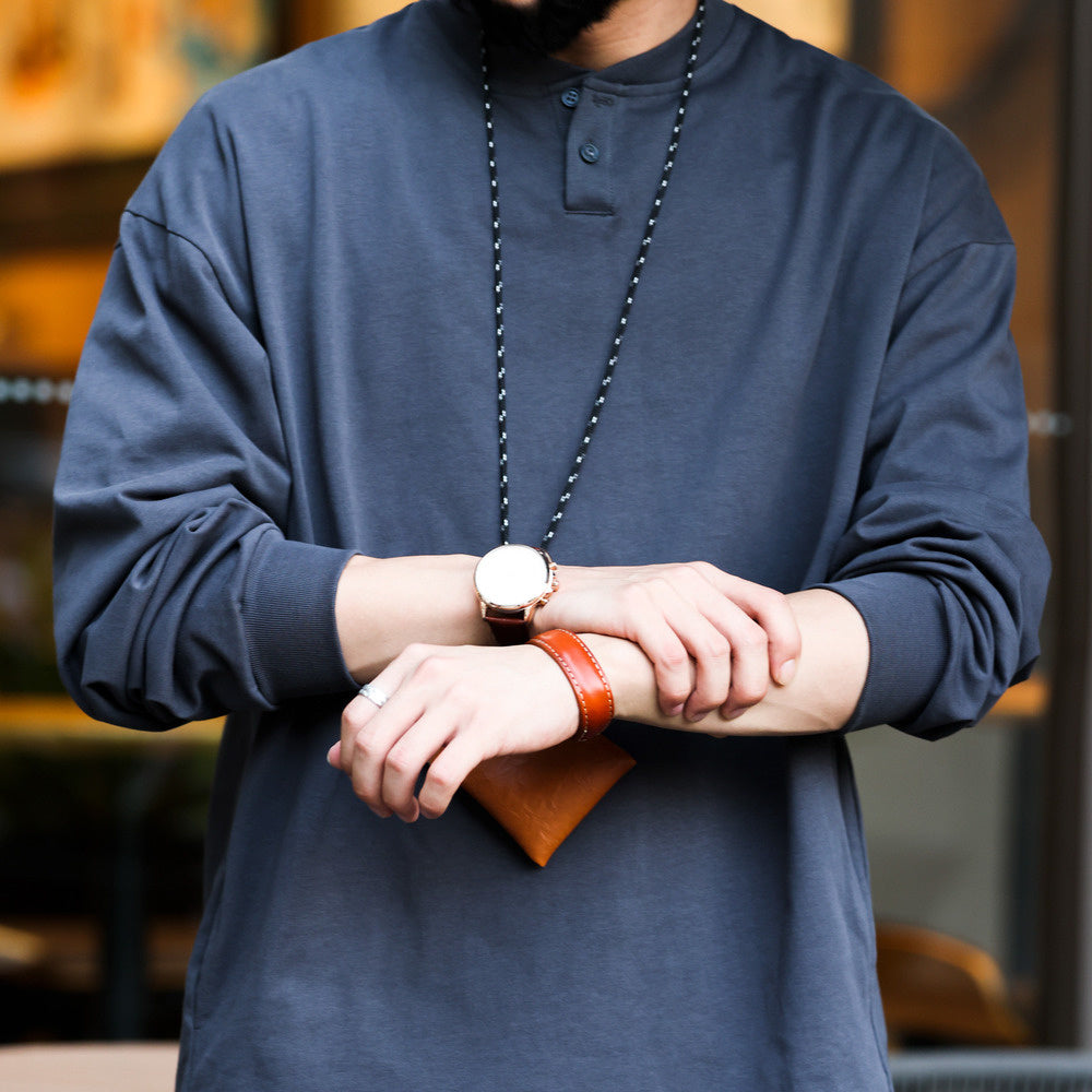 Henry collar long sleeved T-shirt loose casual 280g pure cotton side pocket dark gray base shirt