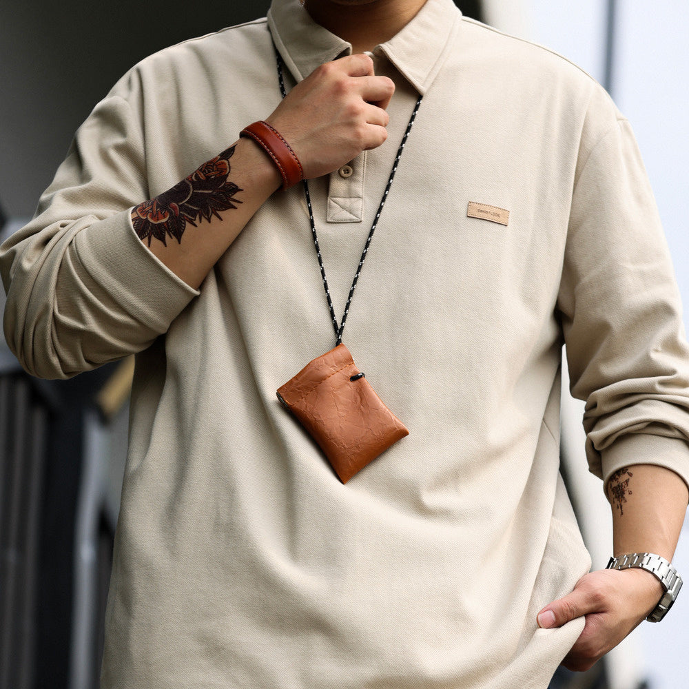 long sleeved polo shirt, loose and simple, with a high-end feel inside. Knitted collar T-shirt trendy