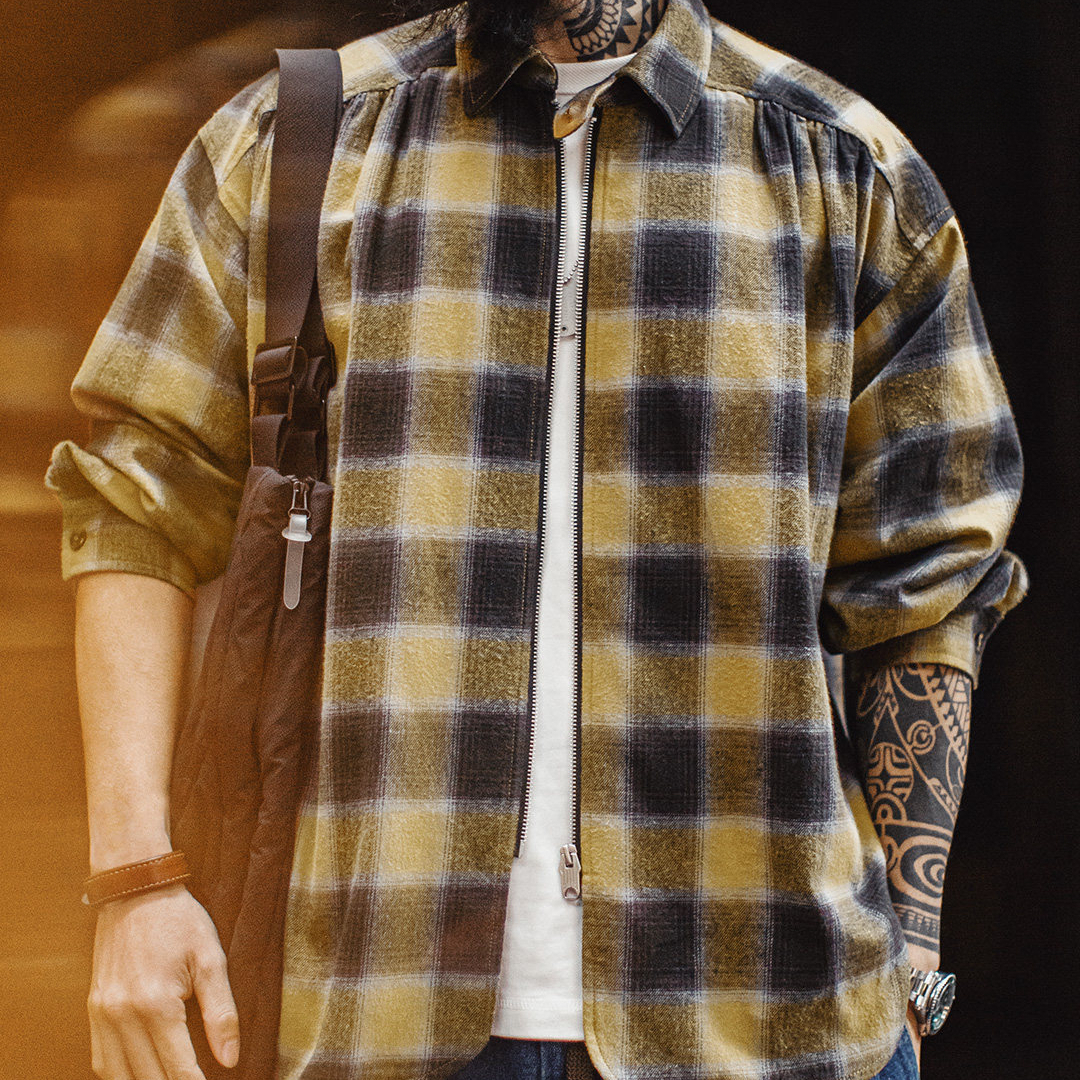 American Retro Plaid Lapel Plaid Pure Cotton Long Sleeved Zipper Shirt