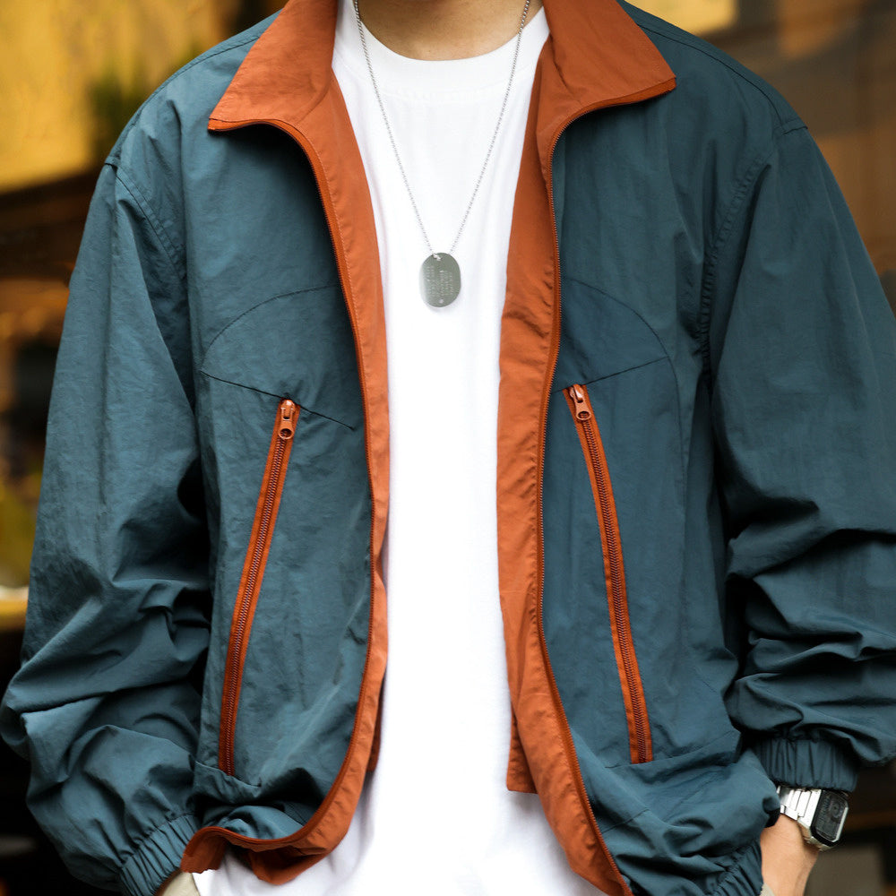 Casual double-sided shuttle woven assault jacket, loose multi pocket stand up collar jacket