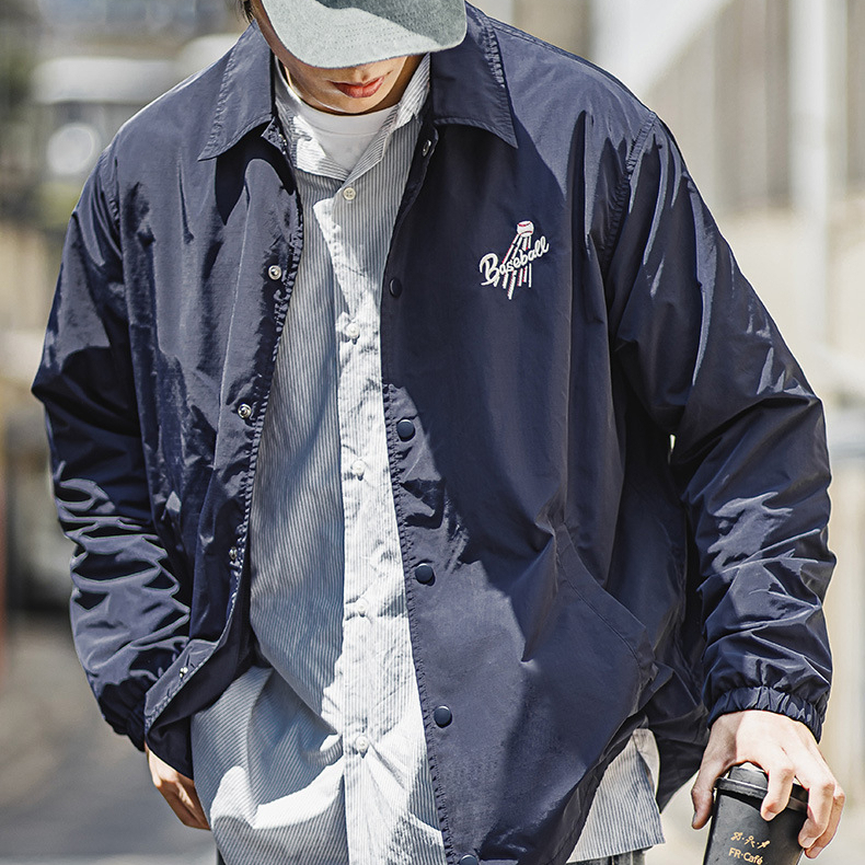 Japanese Retro Embroidered Navy Blue Lapel Coach Jacket