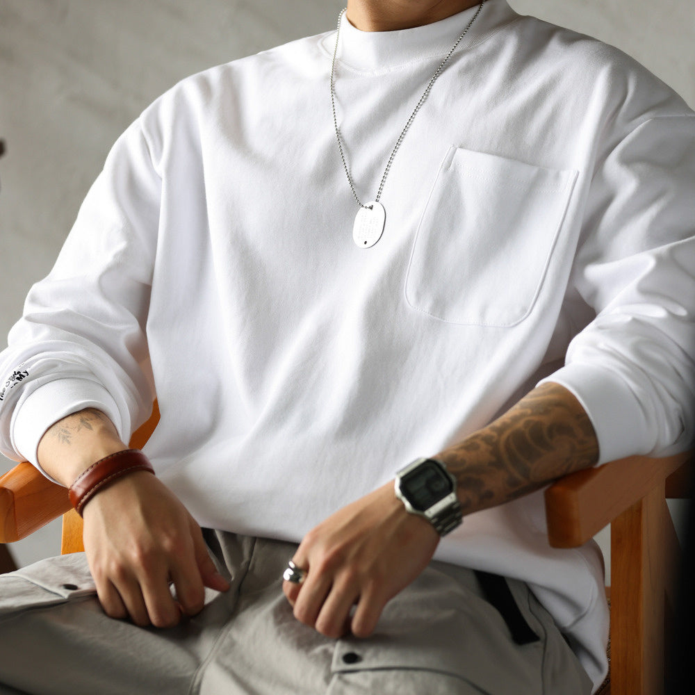 BGYO Thick 300g Casual Long Sleeve T-shirt for Men, Loose Small Collar, Casual Pocket Bottom, TEE