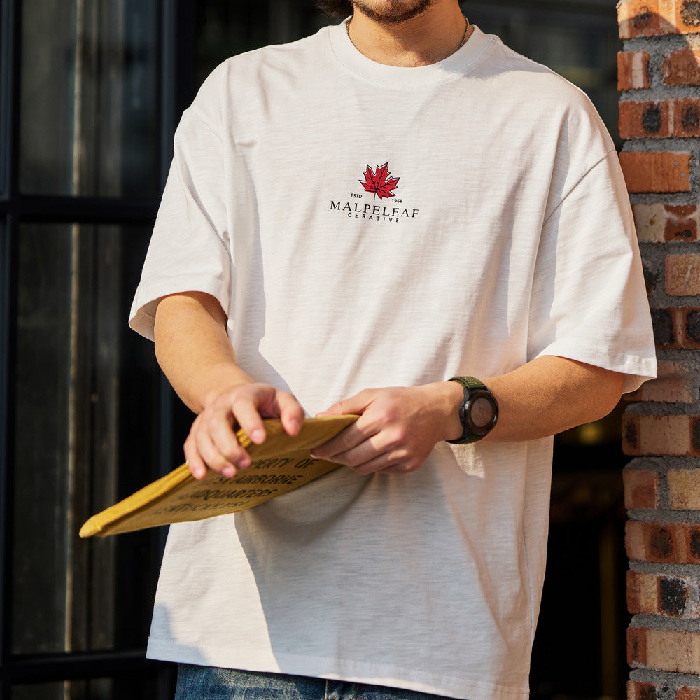 American casual maple leaf print men's 230g pure cotton retro sports T-shirt
