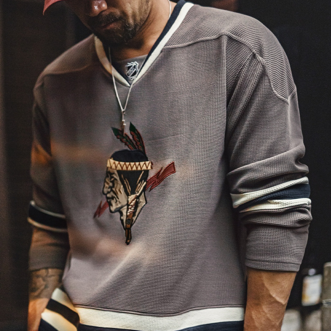American Retro Indian V-neck Waffle Embroidered Knitted Long Sleeve T-shirt