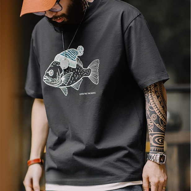 Maden Vintage deep-sea fish flocking printed T-shirt animal pure cotton round neck short sleeved T-shirt