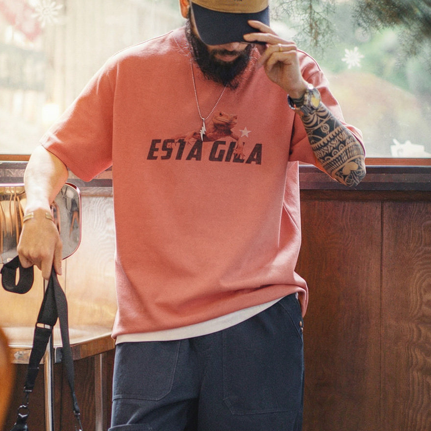 American Retro Printed Round Neck Shoulder Down Sunset Orange Red Knitted Short Sleeved T-Shirt