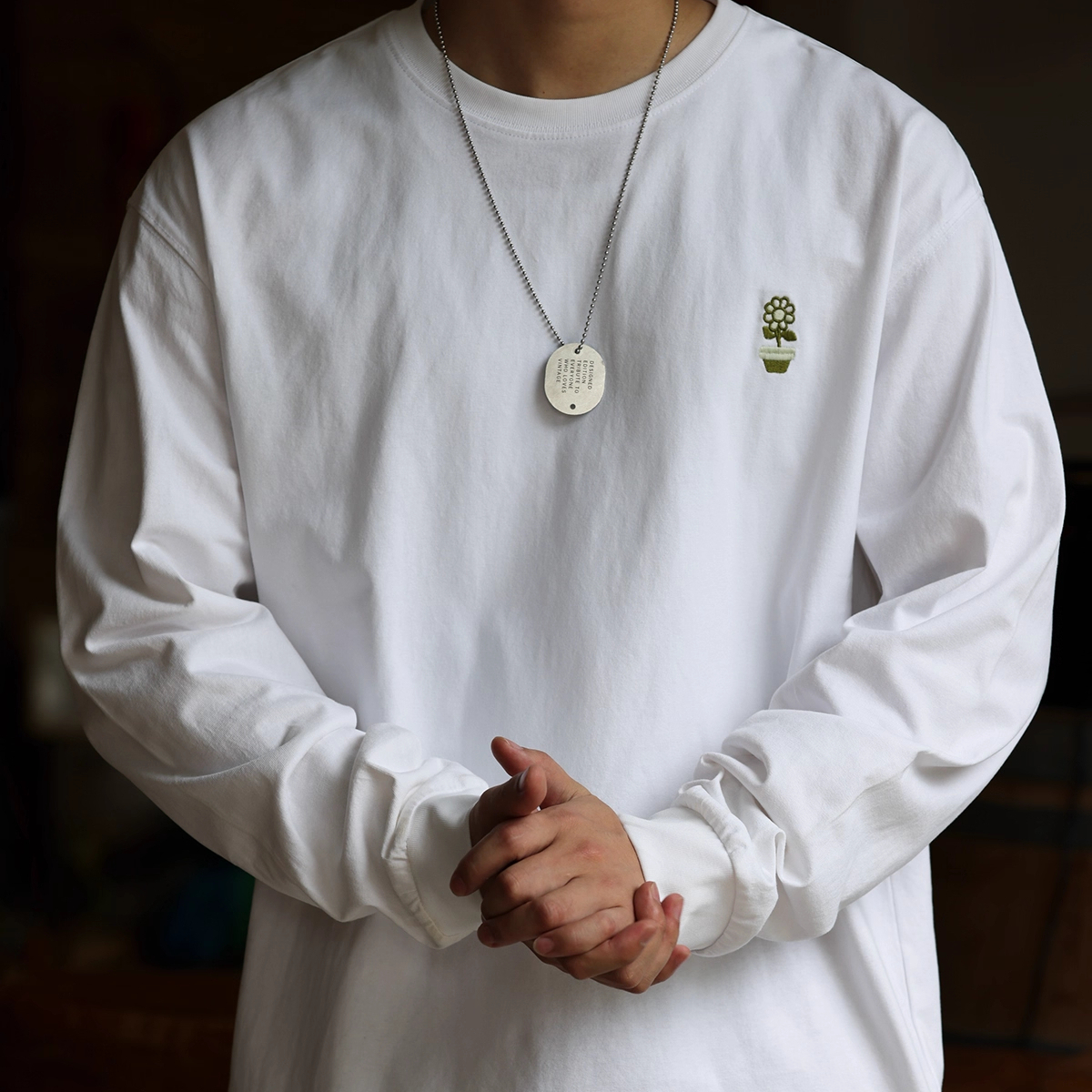 Minimally Embroidered Small Flower Men'S Loose Casual 260g Round Neck White T-Shirt