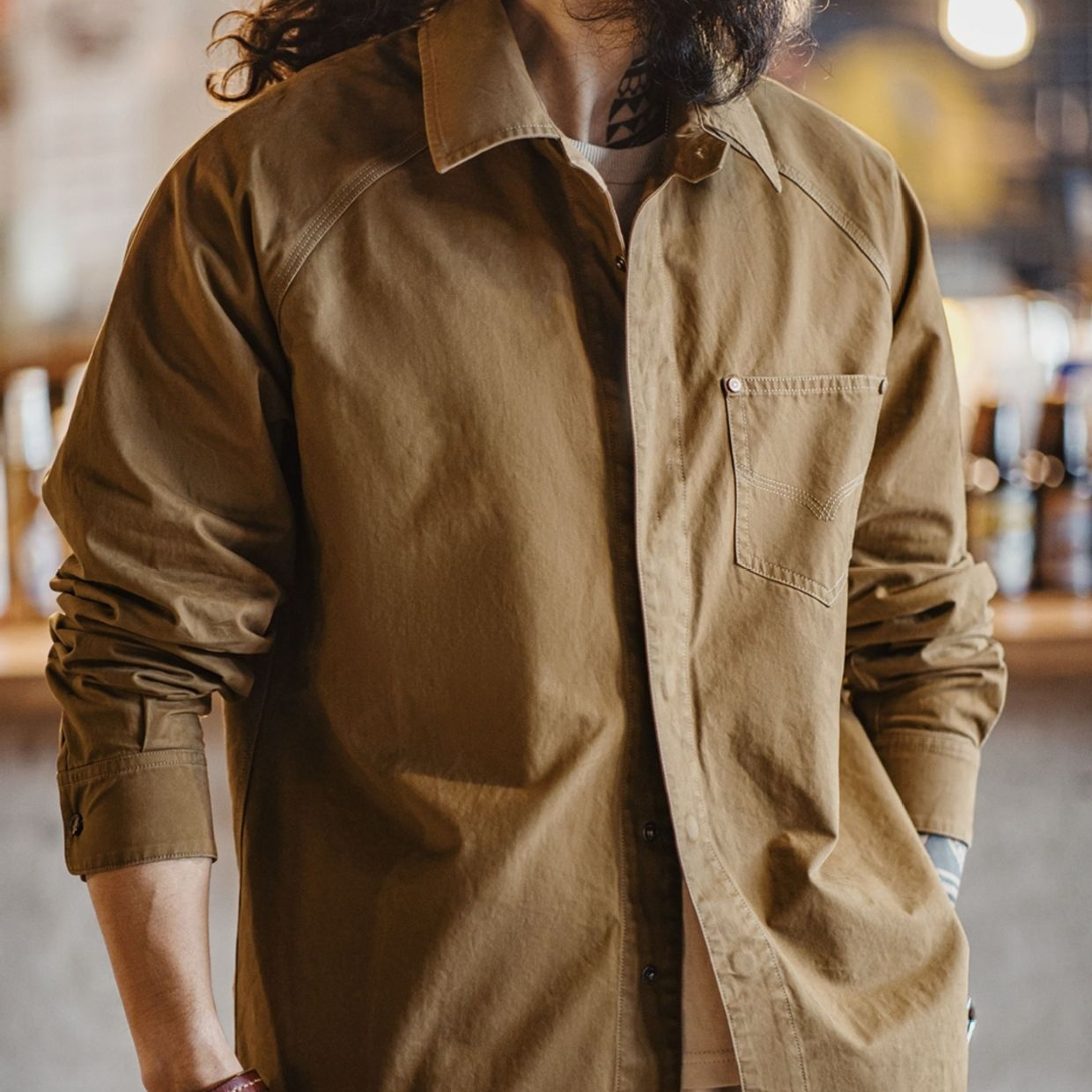 American retro printed Maillard Western denim pure cotton long sleeved shirt