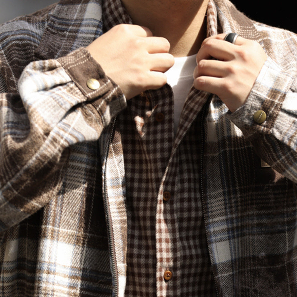 Ink wash blended plaid double-sided zipper loose brushed cardigan with a collar jacket