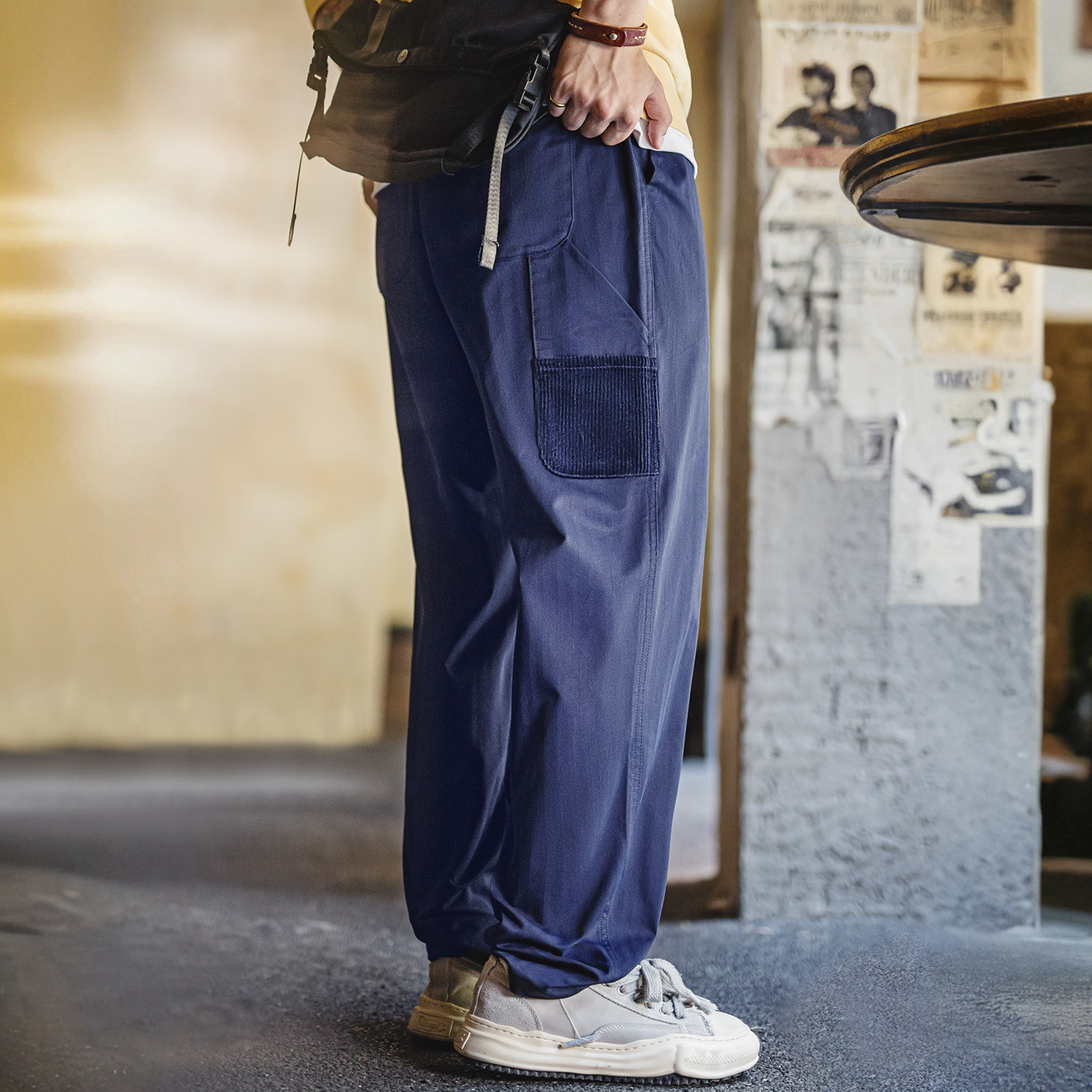 American Retro Blue Straight Tube Micro Tapered Elastic Waistband Herringbone Casual Pants