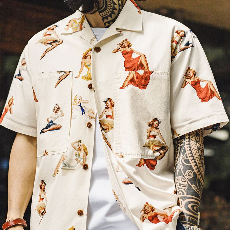 American Retro Full Print Cuban Collar Hawaiian Beach Short Sleeved Shirt