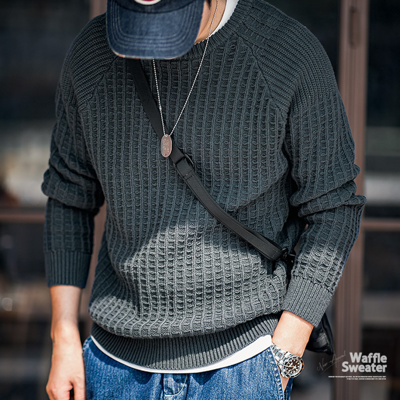Maden Casual Waffle Round Neck Knit Warm Pullover with Underlay Sweater