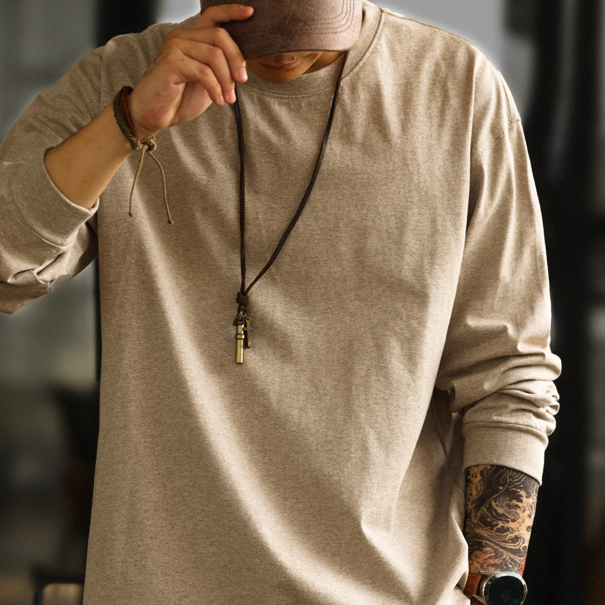 American Casual 260g Oat Gray Round Neck Men's Autumn Loose Basic T-Shirt