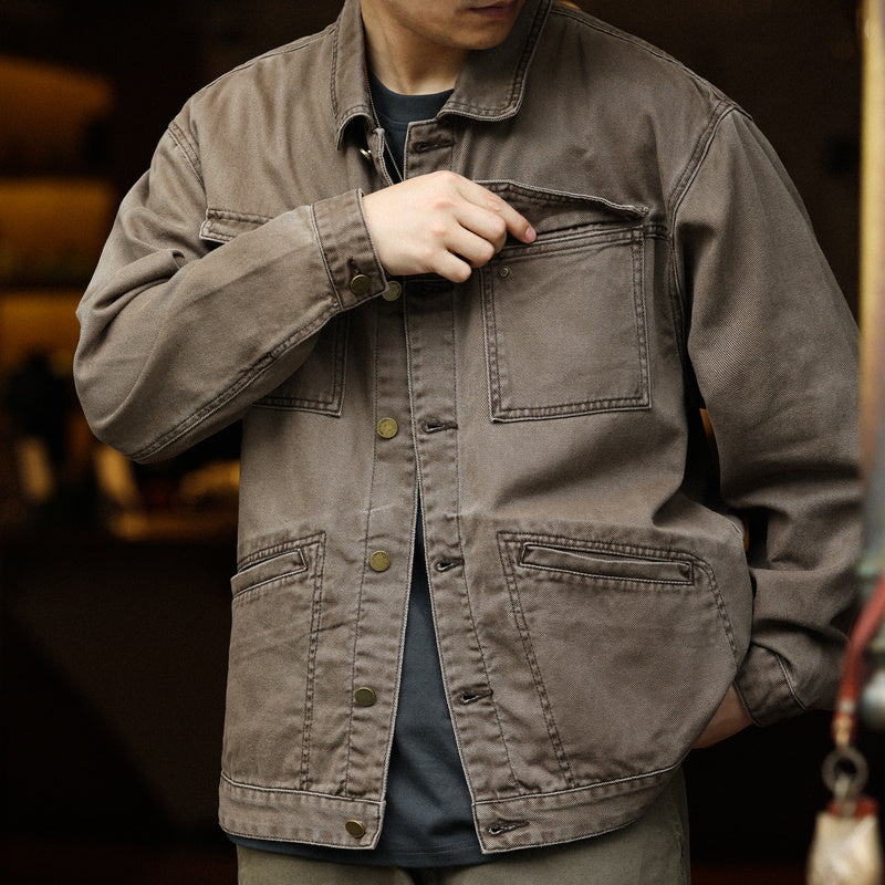 Atsu wash off hunting jacket men's multi pocket loose brown Detroit jacket