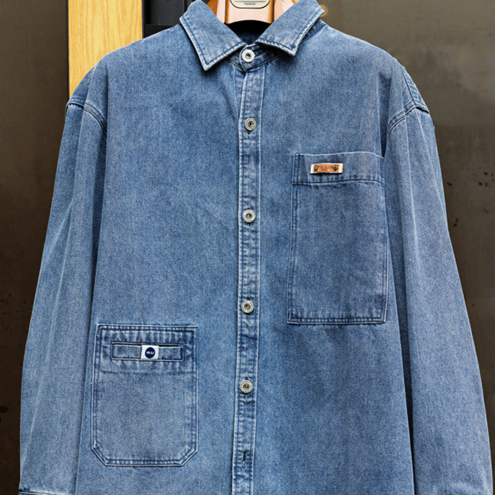Workwear Long Sleeve Denim Shirt Loose Lapel Peplum Vintage Sense Casual Blouse Jacket