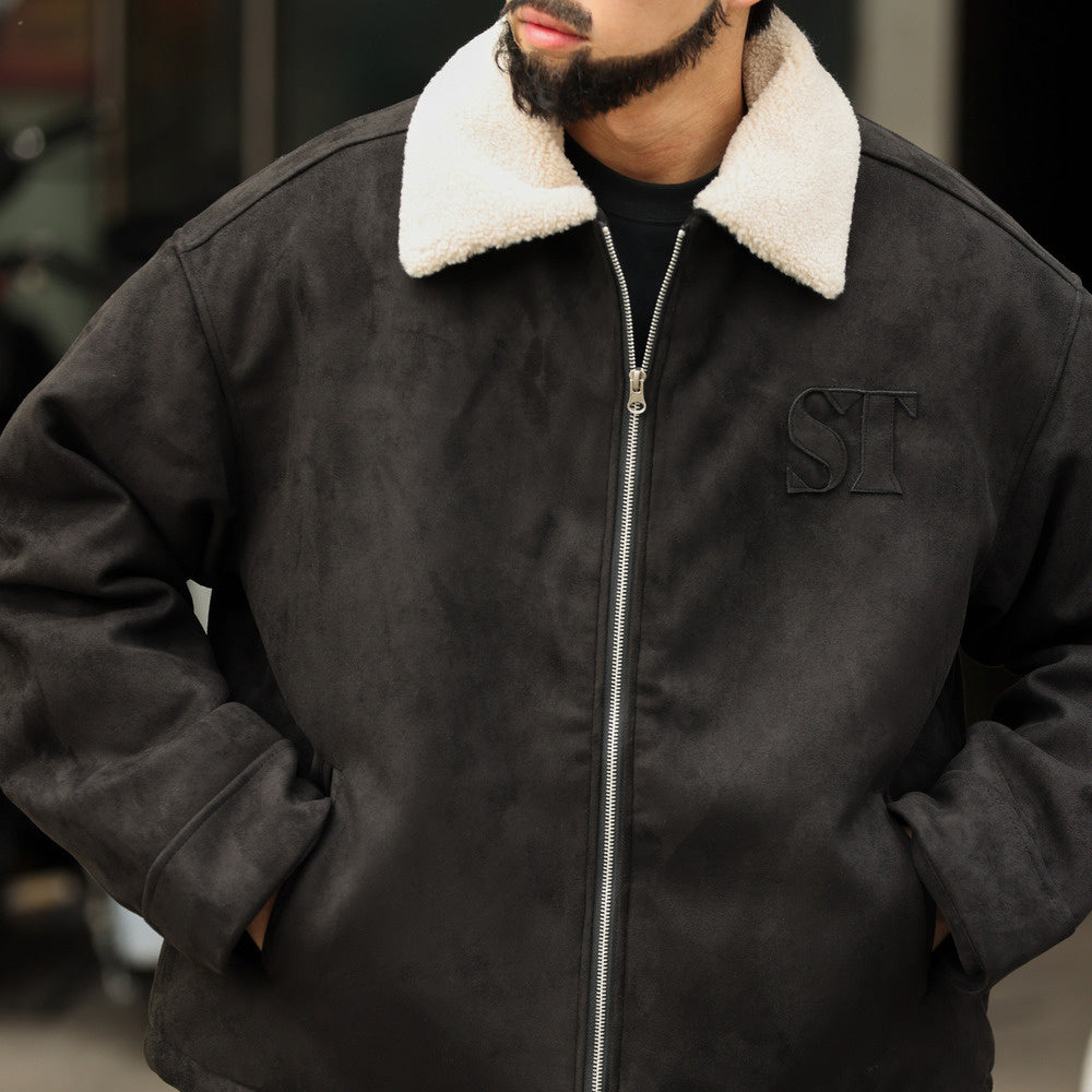 Retro vintage suede jacket, loose embroidery, thick clip cotton collar jacket, cotton jacket