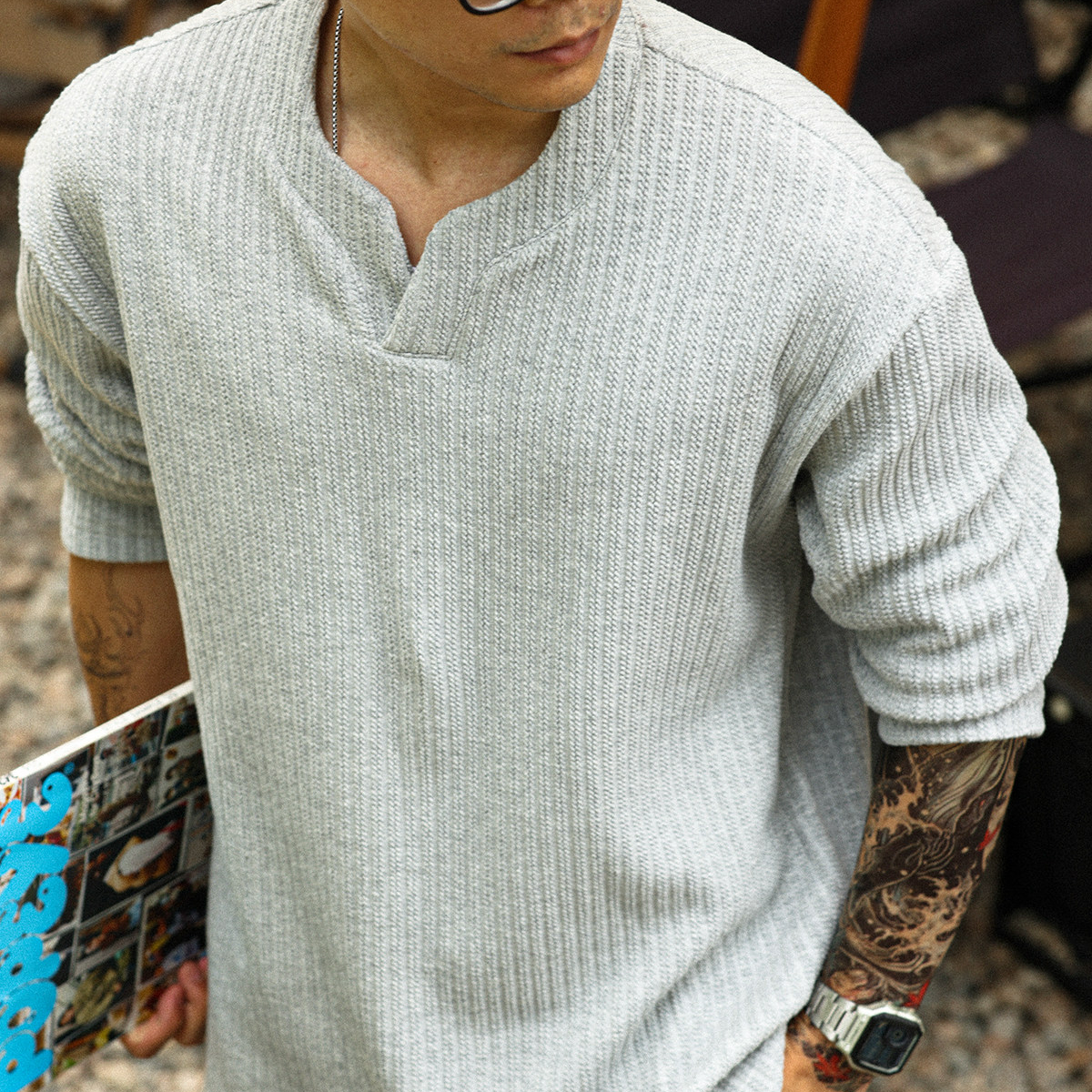 American Jacquard Small V-neck Men's 330g Stacked Long Sleeve T-shirt