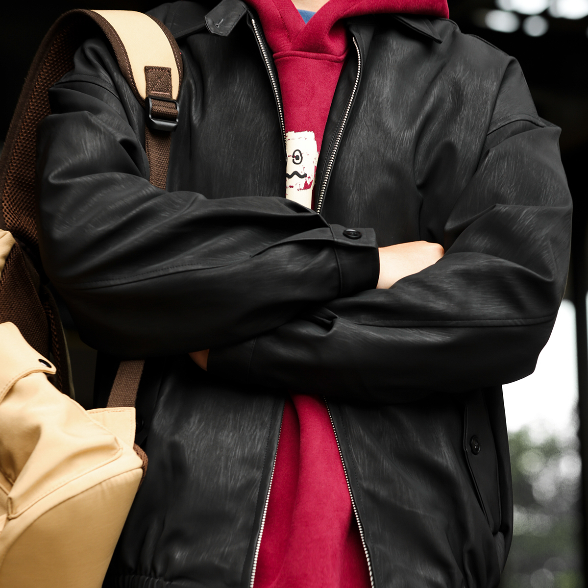 American Retro Harrington Men's PU Bark Pattern Rascal Handsome Coat