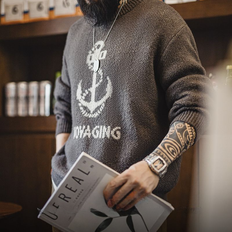 Maden Vintage Knit Anchor Jacquard Sweater Vintage Pullover Crew Neck Bottom Sweater