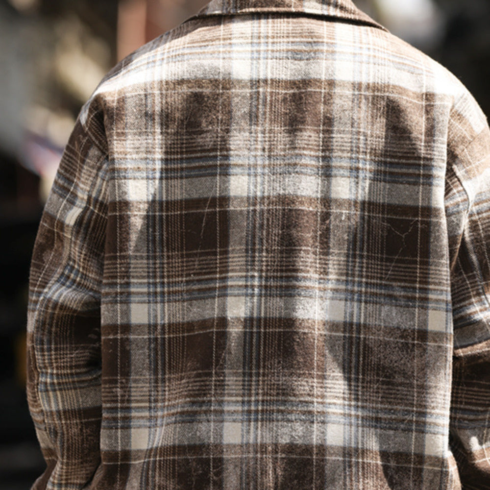 Ink wash blended plaid double-sided zipper loose brushed cardigan with a collar jacket