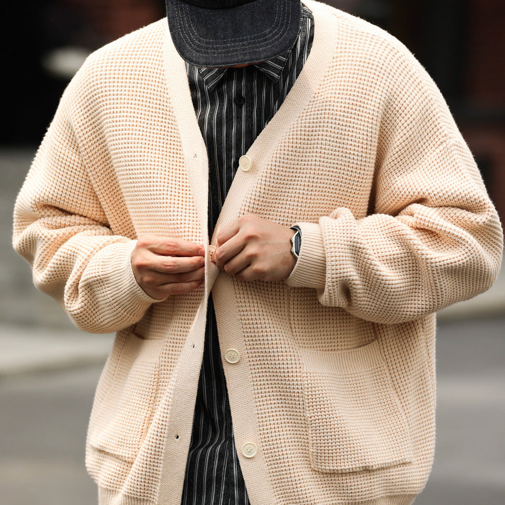 Leisure high stretch core yarn cardigan sweater 800g 7-needle pocket V-neck knitted jacket