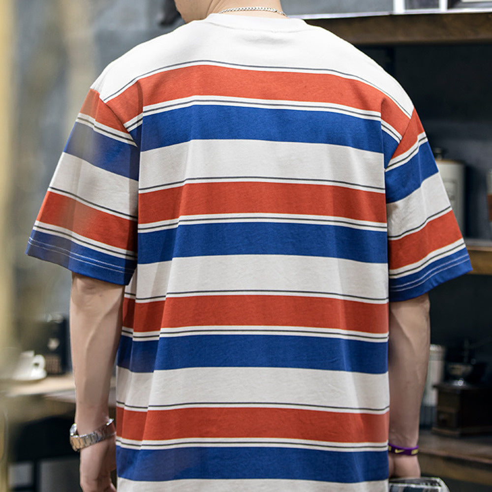 230g American retro striped men's summer trendy embroidered loose T-shirt