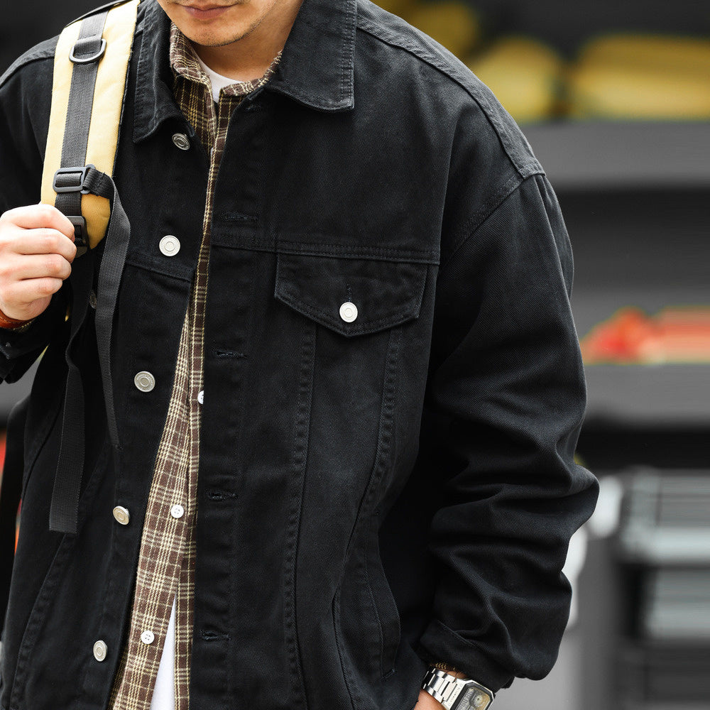 Japanese Heavyweight Denim Jacket Atsu Washed Casual Vintage Black Outer Cardigan Jacket