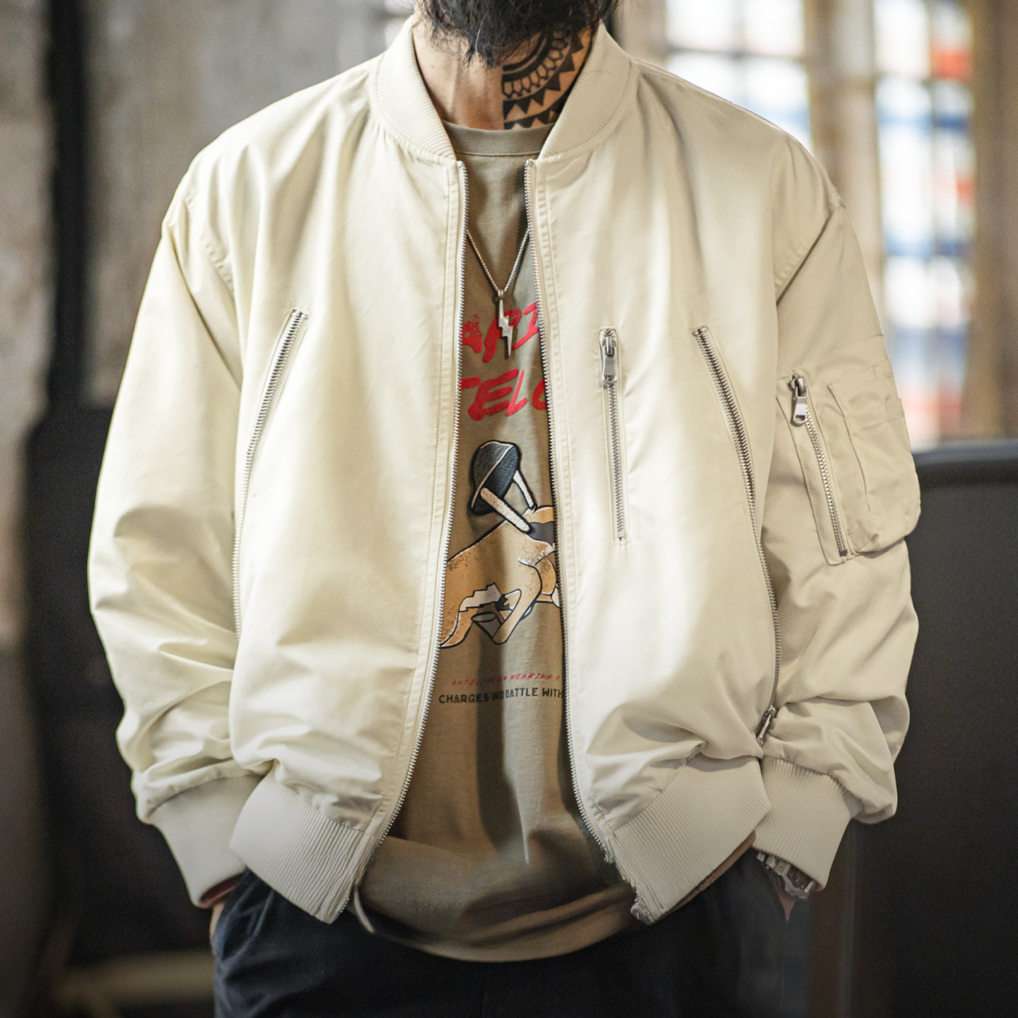 American casual white L2B nylon thin pilot jacket