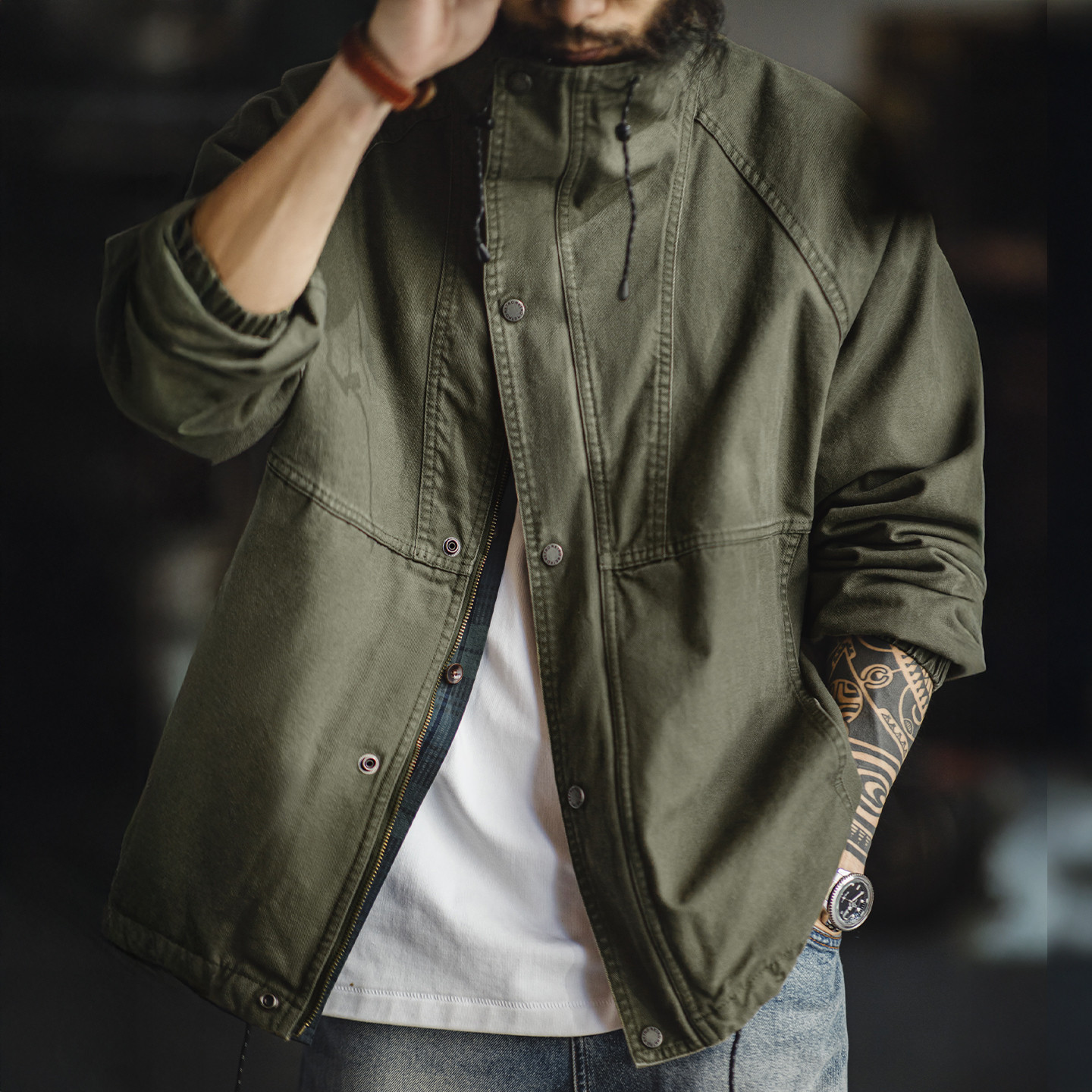 American Retro Stand Up Collar M65 Windproof Silhouette Military Green Vintage Jacket