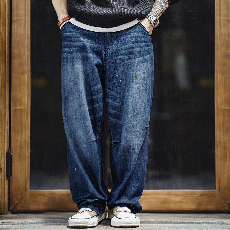 Maden vintage distressed white cat whiskers loose washed denim splashed ink straight leg jeans