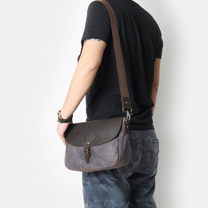 Retro Crazy Horse Leather Men's Casual Canvas Crossbody Bag