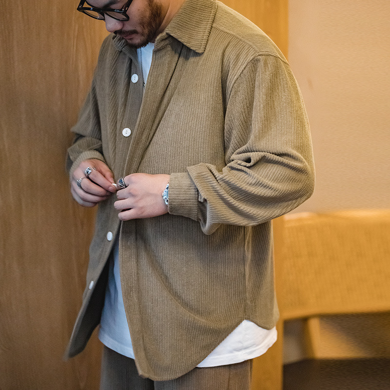 Maden Japanese-Style Retro Jacquard Knitted Dark Gray Shirt Long Sleeve Thick Coat Shirt