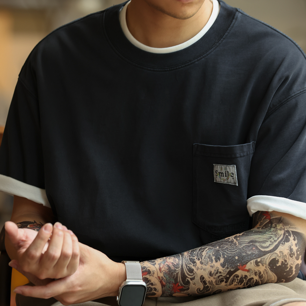 American retro men's 260g pure cotton pocket embroidered short sleeved T-shirt