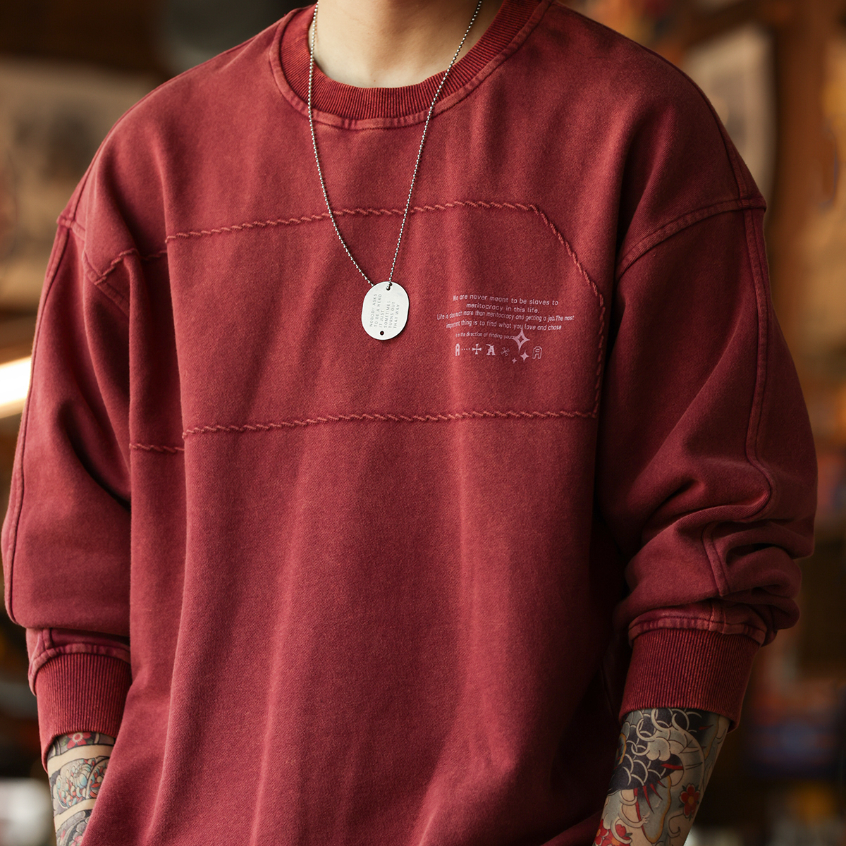 American Retro 320g Washed Vintage Men'S 3D Embroidered Round Neck T-Shirt