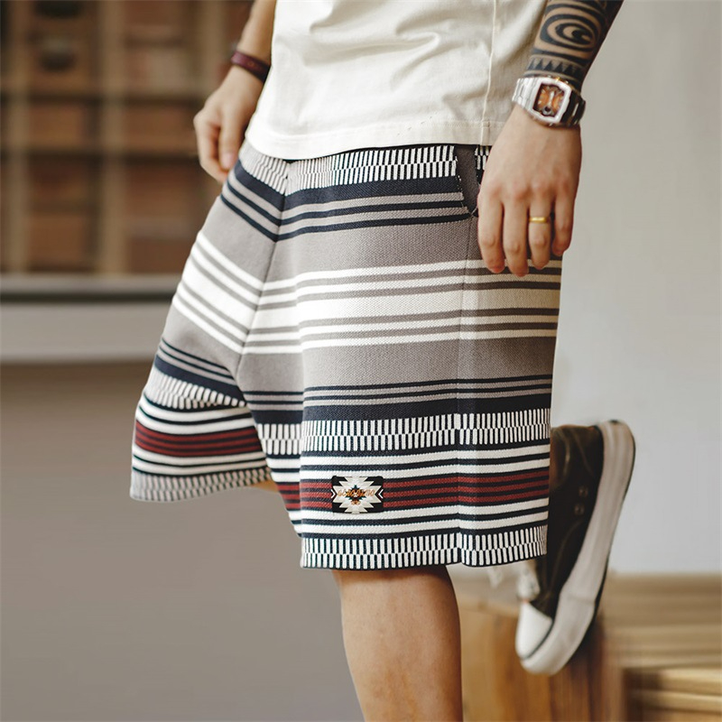 Maden Retro Navajo Knitted Heavyweight Contrast Stripe Straight Split Beach Pants