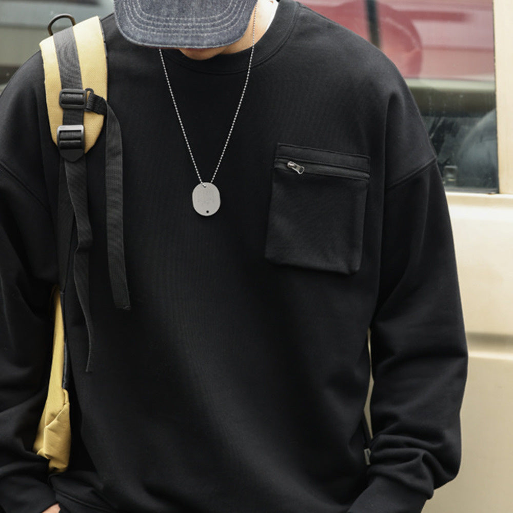 Casual workwear 3D pocket hoodie 360g looped bottom sports round neck long sleeved top