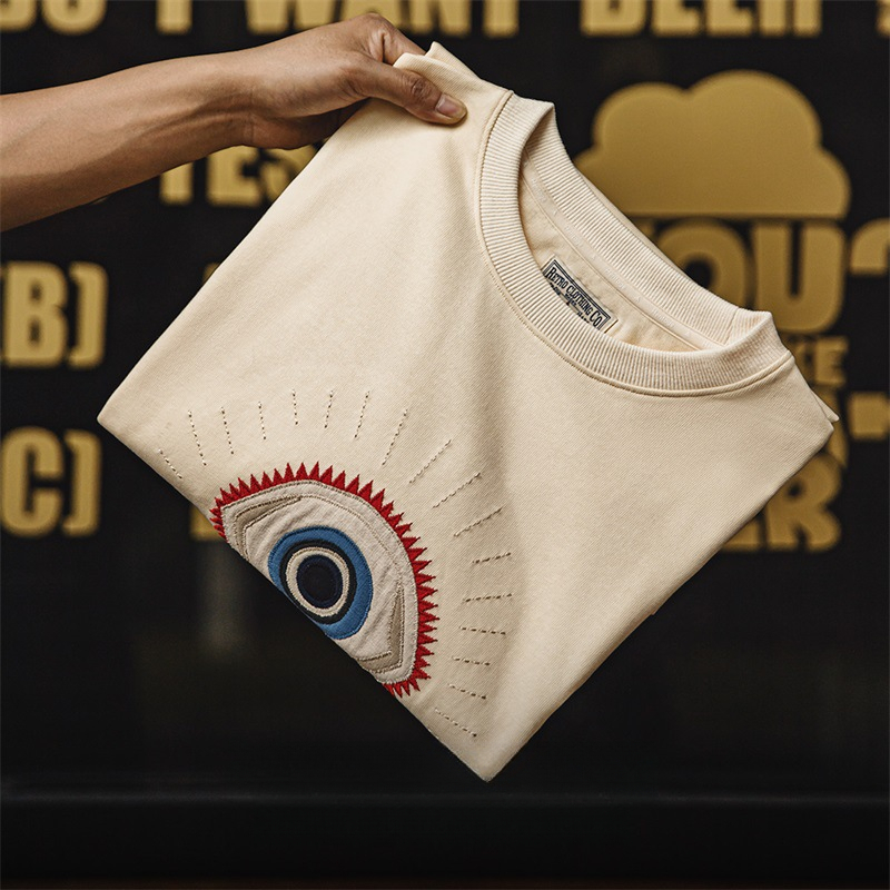 Maden Vintage Guardian Eye Embroidered T-shirt Off White Heavyweight Cotton Short Sleeved T-shirt