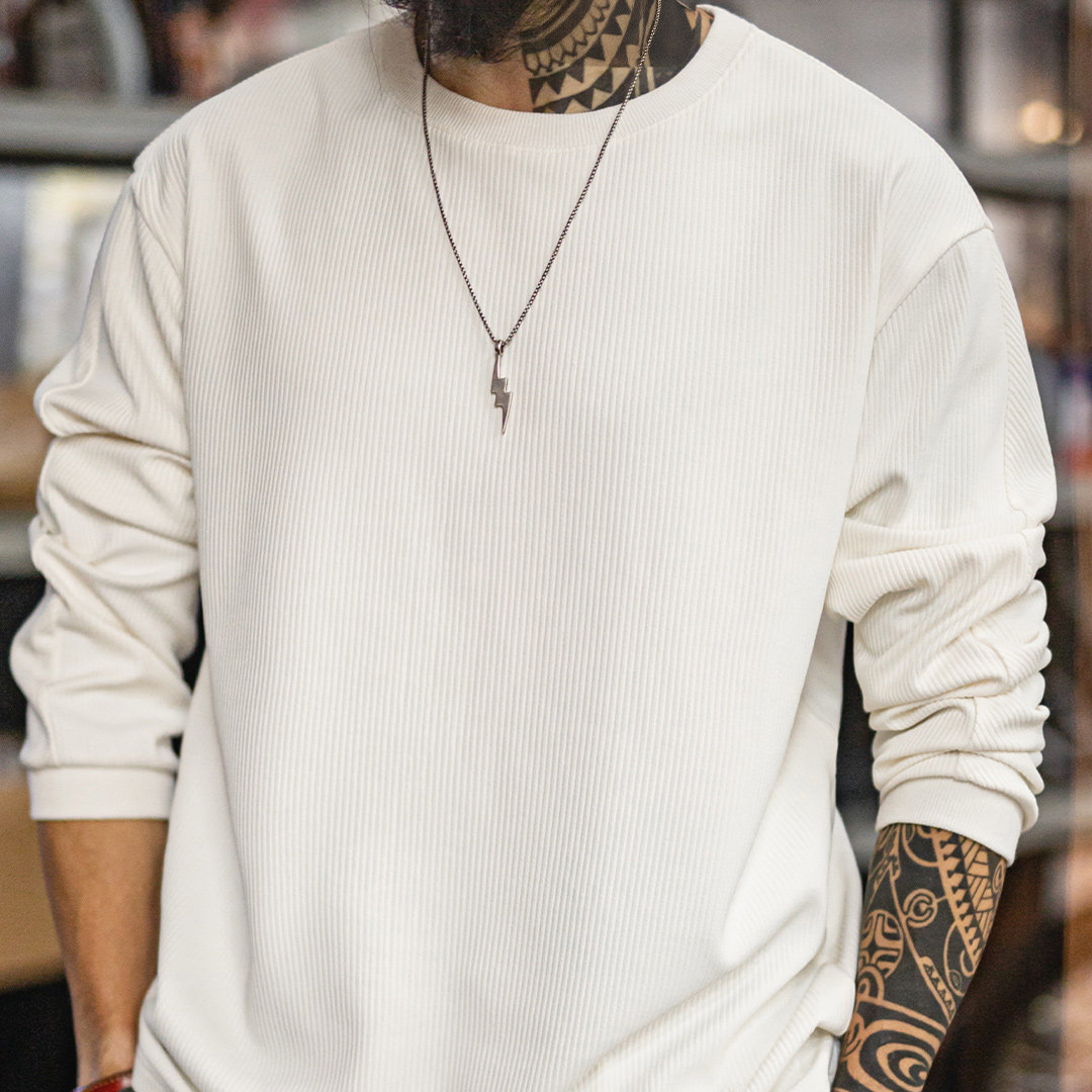 American 3D Pit Strip White Thin Knitted Base Long Sleeve T-shirt