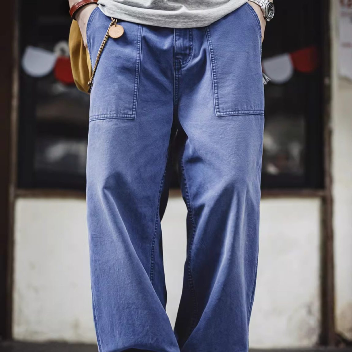 French Retro Blue Washed Canvas Loose Straight Leg Casual Pants