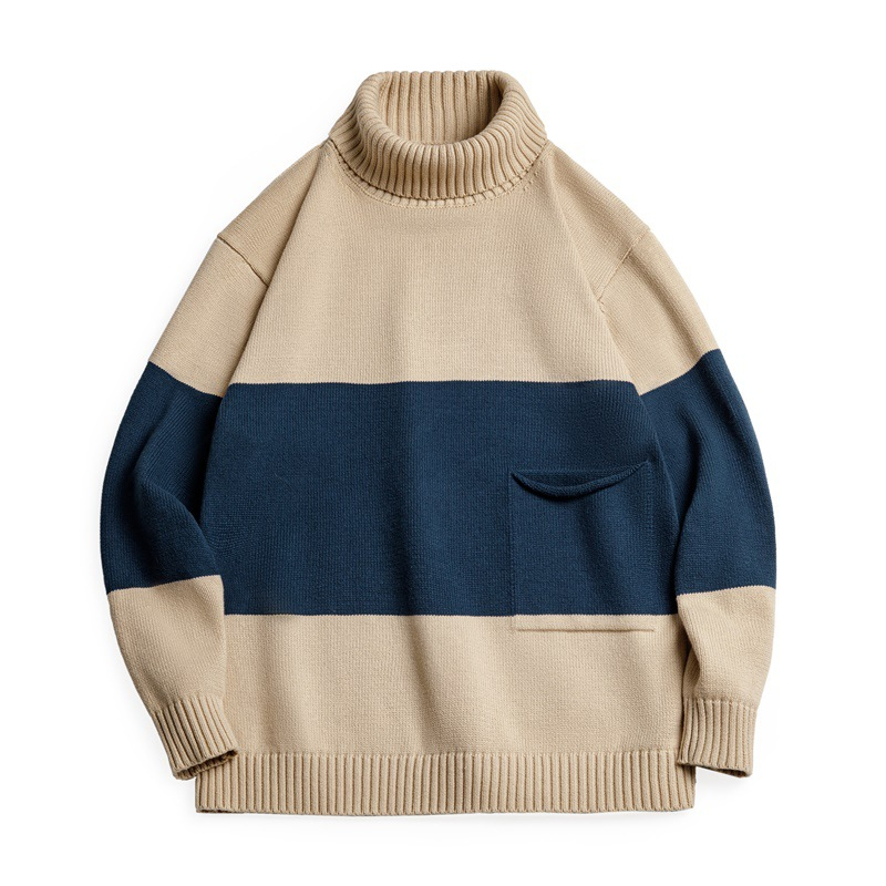 Maden Vintage Turtleneck Knit Sweater Clashing Stripes Pullover Warm Bottom Knit Sweater