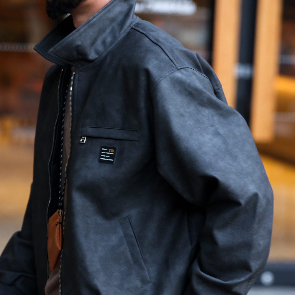 PU leather jacket men's cleanfit loose textured workwear Detroit hunting suit leather jacket